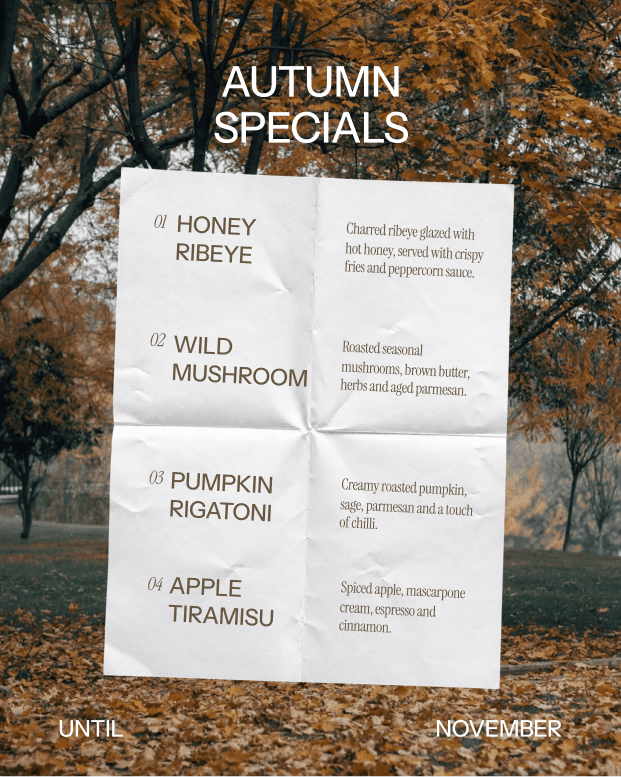 A restaurant template listing an autumn specials menu