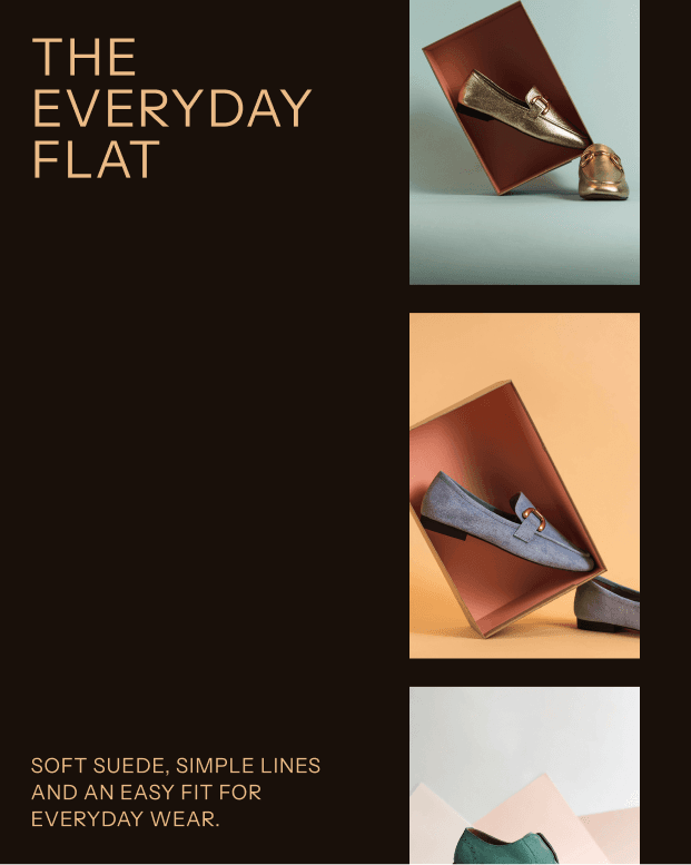 A fashion template announcing a new collection of suede flats