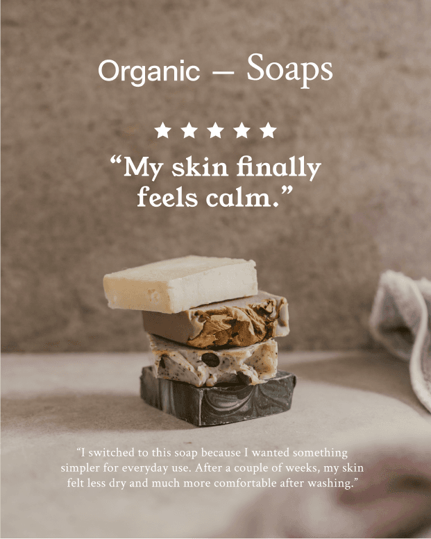 An ecommerce template showing a five-star customer review of a soap brand