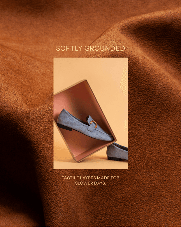 A fashion template promoting a suede loafer