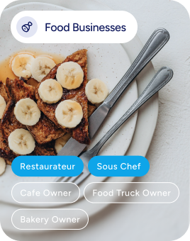Food Businesses category interface showing audience segment tags including Restaurateur, Sous Chef, Cafe Owner, Food Truck Owner, and Bakery Owner, with a overhead shot of banana and syrup topped french toast with cutlery on a white plate in the background.