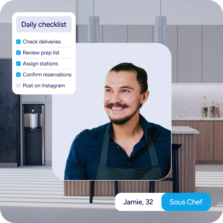 A smiling man named Jamie, age 32, wearing a dark shirt and apron, standing in a modern kitchen. A UI card beside him shows a daily checklist including tasks like checking deliveries, reviewing prep list, and assigning stations. A label identifies him as a Sous Chef.