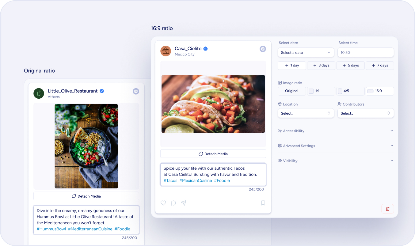An illustration of the platform post preview, with associated scheduling controls