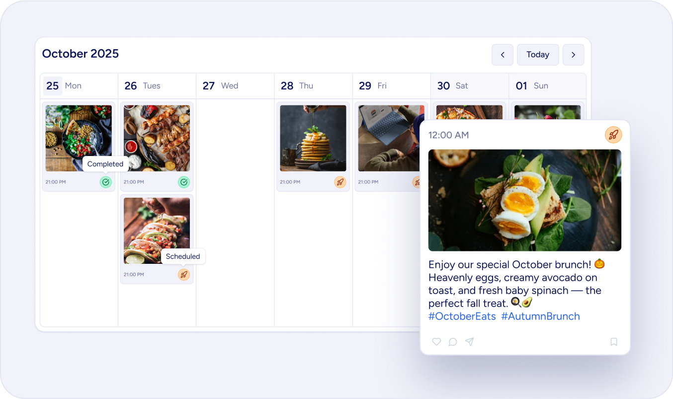 An illustration of the platforms calendar view, showing both published and pending posts